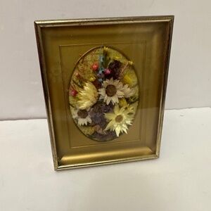 Vintage  Pressed Dried Flower Art in Gold Metal Frame